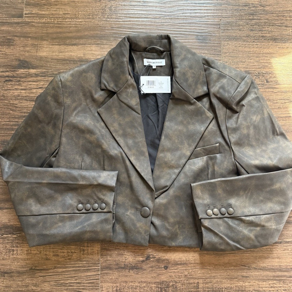 NWT WeWoreWhat Size Large Patina Cropped Blazer Brown Faux Vegan Leather Revolve